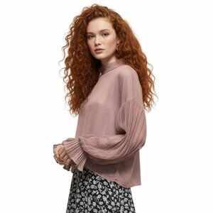 Reset by Jane Sheer High Neck Blouse Pleated Ruffle Sleeves Size S